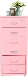 6-Drawer Metal File Cabinet Mobile File Cabinet with Lock Rolling Vertical File Cabinet Under Desk for Home Office 11 * 16 * 27in (Pink)