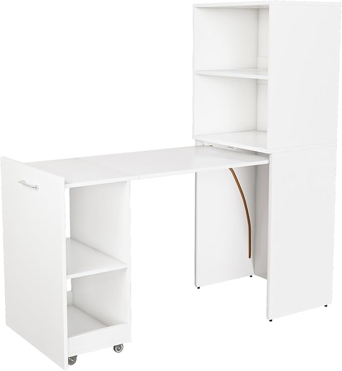 Stretchable Foldable Office Desk with Storage Shelves Extendable Tabletop Lockable 360° Wheels Space-Saving Desk for Home Office Practical(White)