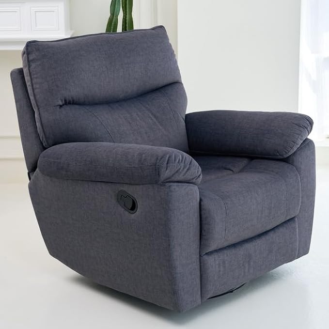 Reclining Sofa Rocking Recliner Chair Manual Adjustable 360 Swivel with Ergonomics Overstuffed Lumbar Arm Support Natural Fabric Surface Made for Living Room Bedroom Nursery Dark Grey