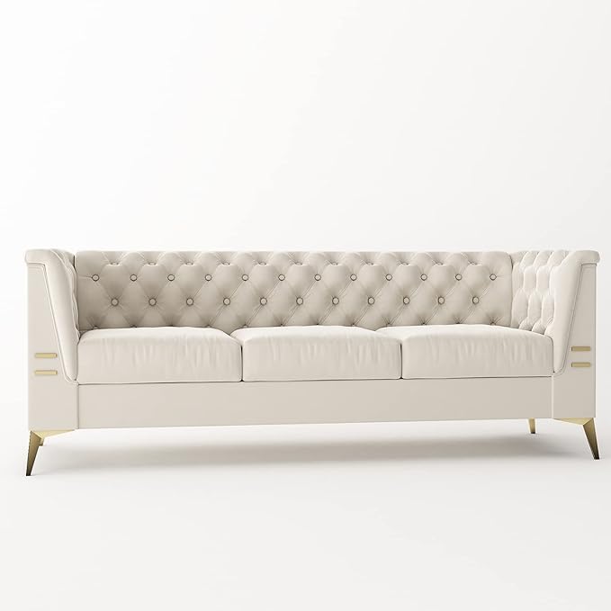 Tomkate 83 Beige Velvet Chesterfield Sofa Mid-Century Modern Tufted 3-Seater Couch with Flared Arms Removable Cushions &amp Gold Metal Legs for Living Room (Beige)