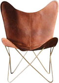 Shy Shy Let’s Touch The Sky Leather Living Room Chairs-Butterfly Chair Brown Leather Butterfly Chair-Handmade with Powder Coated Iron Frame (Cover with Folding Frame) (Golden Frame)