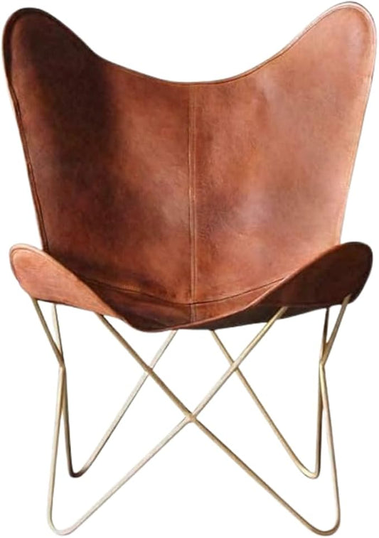 Shy Shy Let’s Touch The Sky Leather Living Room Chairs-Butterfly Chair Brown Leather Butterfly Chair-Handmade with Powder Coated Iron Frame (Cover with Folding Frame) (Golden Frame)