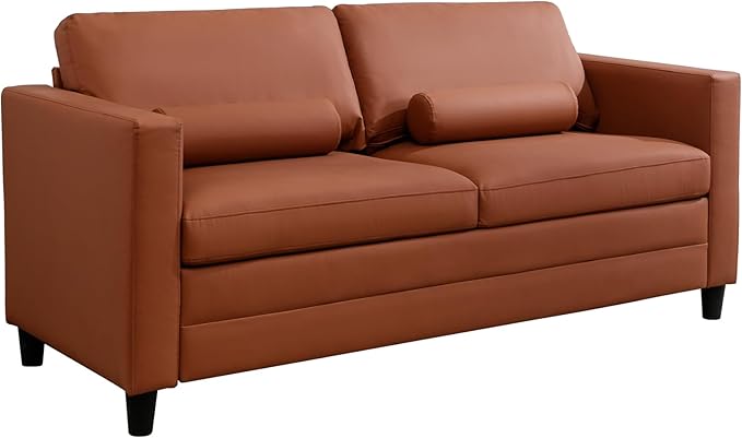 BALUS 73 Wide Full Size Pull Out Sofa Bed Convertible Sleeper with Memory Foam Mattress Modern Faux Leather Loveseat Couch for Apartment Living Room Includes 2 Bolster Pillows - Cognac
