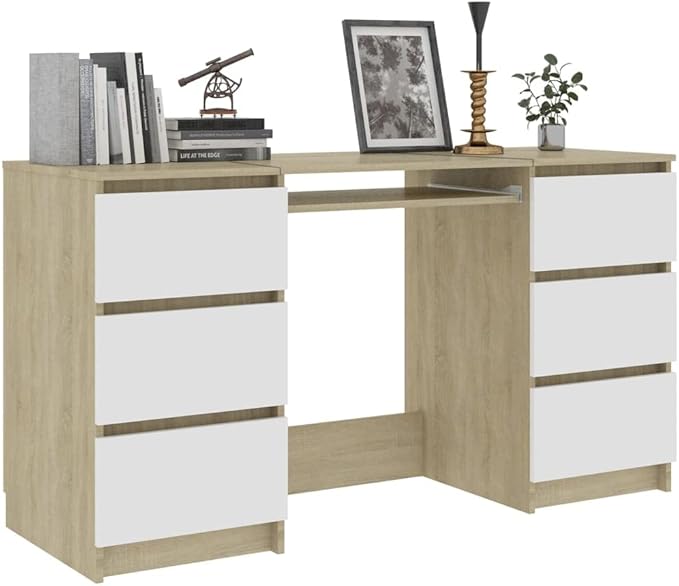 Modern Writing Computer Desk with 6 Drawers Home Office Desk Writing Study Table PC Desk Workstation for Bedroom White and Sonoma Oak 55.1x19.7x30.3 Engineered Wood(D)