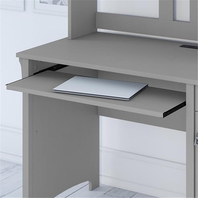 Pemberly Row Small Computer Desk with Hutch 48W x 23D x 63H Cape Cod Gray Engineered Wood Wire Management Keyboard Tray Storage Cabinet and Drawer Mission Style Home Office Desk