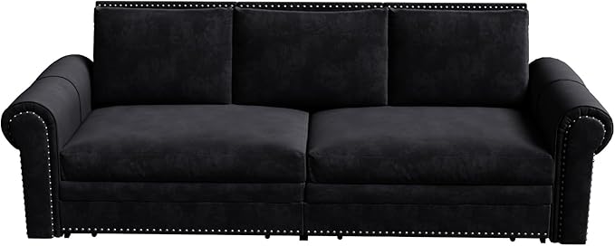 93.7 King Size Chesterfield 3-seat Pull Out Sofa Bed Velvet Couch Bed with Nailhead Trim and Rolled Arm 3-in-1 Sleeper Sofa for Living Room Apartment Office Black