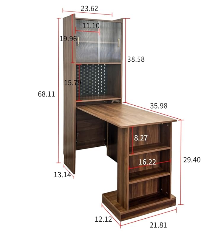 Convertible Folding Desk - Space Saving Foldable Computer Desk with Sliding Glass Doors Open Shelves &amp Pegboard Fold Out Writing Study Table for Small Spaces Home Office Walnut