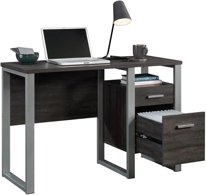 Pemberly Row Contemporary Single Pedestal Desk 45 in Wide Engineered Wood and Metal Construction Blade Walnut and Silver Finish with Storage Drawers and Shelf Home Office Computer Table