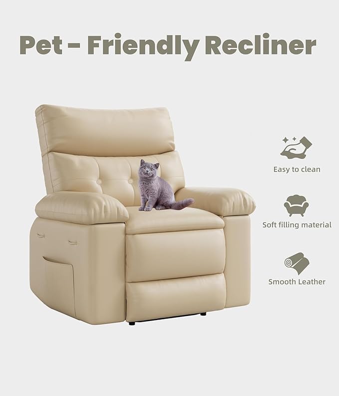 Oversized Extra Wide Manual Recliner Chair PU Leather Comfortable Reclining Chair with Overstuffed Arms &amp Back Side Pocket Single Sofa for Living Room Bedroom Home Office Beige