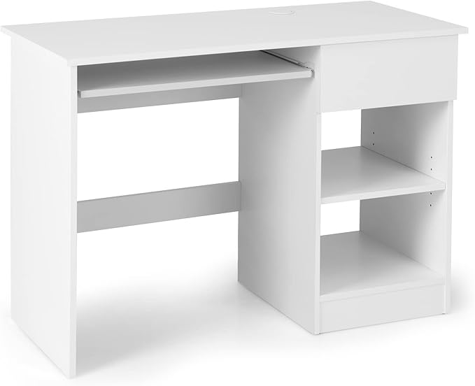 White Computer Desk with Drawers Modern Office Desk with Keyboard Tray and Open Storage Shelf Work Desk for Home Office Small Computer Desk for Small Spaces…