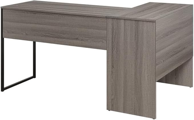Pemberly Row Modern Lane L-Shape Desk Farm Oak Gray Finish Sturdy Metal Frame 55 W x 35 D x 30 H Accessory Drawer Adjustable Shelf Home Office Desk for Storage and Organization
