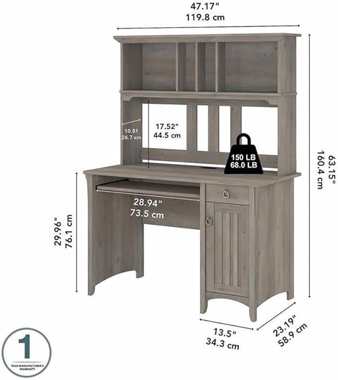 Pemberly Row Small Computer Desk with Hutch Driftwood Gray Finish Engineered Wood 47W x 23D x 63H Compact Design Mission Style Built-in Wire Management and Storage for Home Office Use