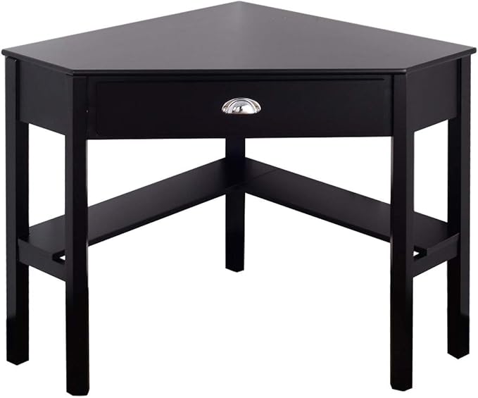 Corner Desk Compact Home Office Corner Desk Organizer90 Degrees Triangle Computer Table Laptop Writing Table for Small Spaces with Storage Shelf and Drawer (Black)