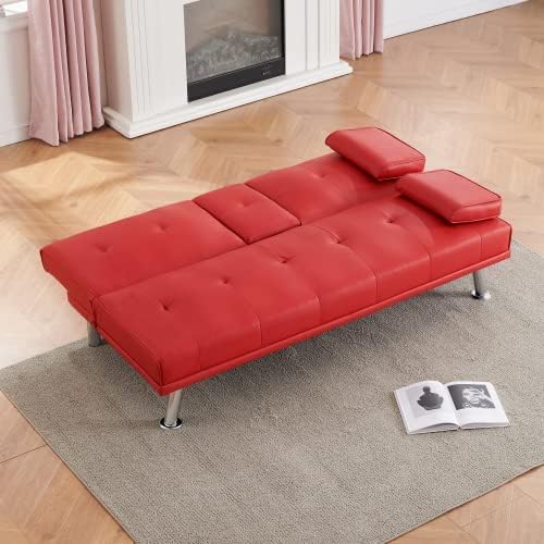 Futon Sofa Bed Modern Folding Couch for Small Space Faux Leather Convertible Loveseat Sleeper Bed Daybed Recliner Lounge Sofas for Living Room2 Cup HoldersMetal LegsRemovable Armrests (Red)