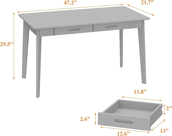 FUFU&ampGAGA 47” Office Desk Rectangular Computer Desk with 2 Drawers Writing Table for Reading Crafting Home Office Study Room Brown Walnut 47.2”W x 21.7”D x 29.5”H