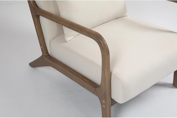 Mid Century Modern Accent Chair with Wood Frame Upholstered Living Room Chairs with Waist Cushion Reading Armchair for Bedroom Sunroom (White + Velvet + Cotton)