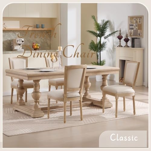 KEIKI Set of 2 Accent Chairs French Country Style Upholstered Chairs with T-Shaped Back &amp Carving Details Solid Wood Framework for Living Room Kitchen Natural
