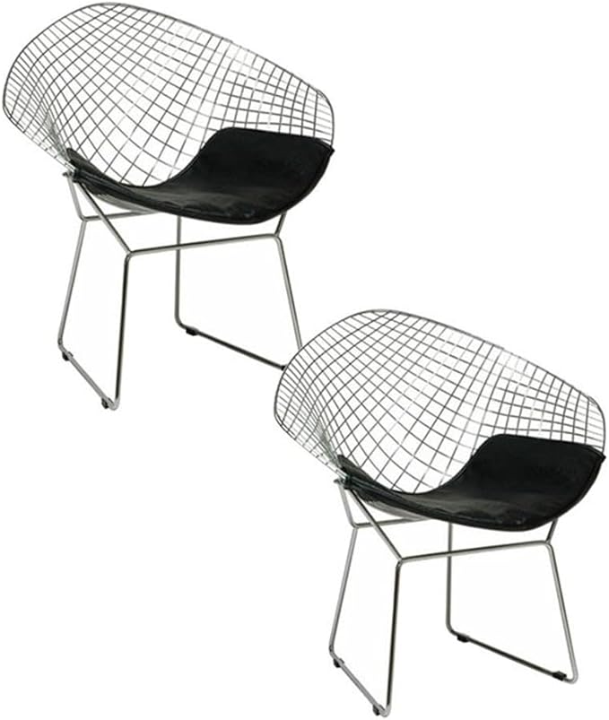 Pemberly Row Mid-Century Modern Accent Chair Set 15.5 Seat Height Faux Leather and Chrome Wire Mesh Black Finish Set of 2 Comfortable and Stylish Seating for Living Room or Home Office