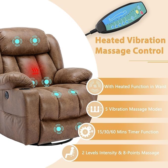 360° Swivel Glider Rocking Recliner Chair Overstuffed Manual Massage Recliner with Heat and Vibration Single Modern Sofa Home Theater Seating for Living Room USB Port/Cup Holders (Brown)