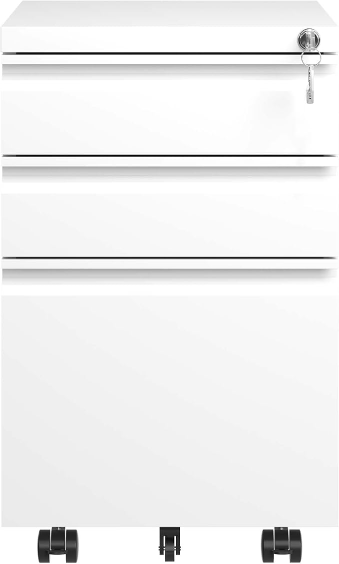 White 3 Drawer Small File Cabinet with Lock Rolling Under Desk File Cabinet Metal Already Assembled File Cabinets Vertical Printer Stand Unit for Small Space Legal/Letter/a4 Size (White)