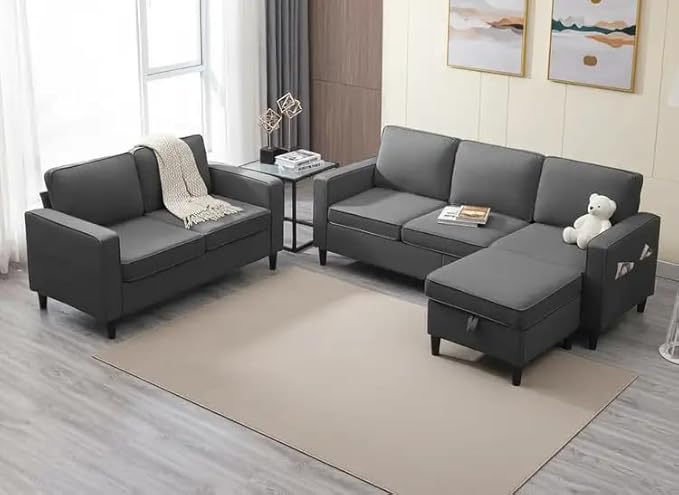 PUREMIND 2 Piece Living Room Sofa Sets Modern 3 Seater Sofa and Loveseat Set for Living Room Linen Fabric L Shaped Sectional Couch with Ottoman + 2-Seat Couch Sets for Livingroom Apartment