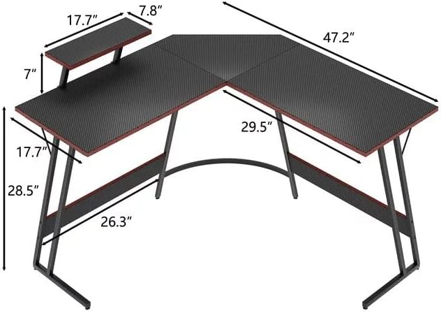 Shahoo L Shaped Gaming Desk 47 Inch Computer Corner Table with Large Monitor Stand &amp Carbon Fiber Surface for Home Office Study Writing Workstation 47 in Black