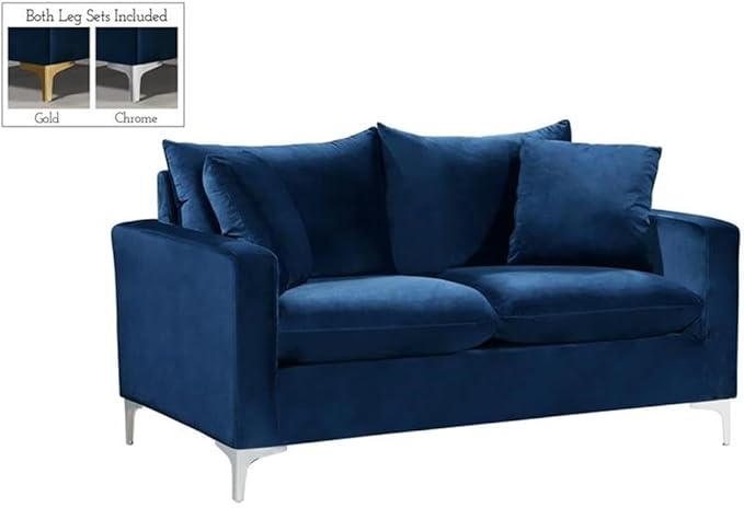 Meridian Furniture Naomi Collection Modern | Contemporary Navy Velvet Upholstered Loveseat with Stainless Steel Base in a Rich Gold or Chrome Finish