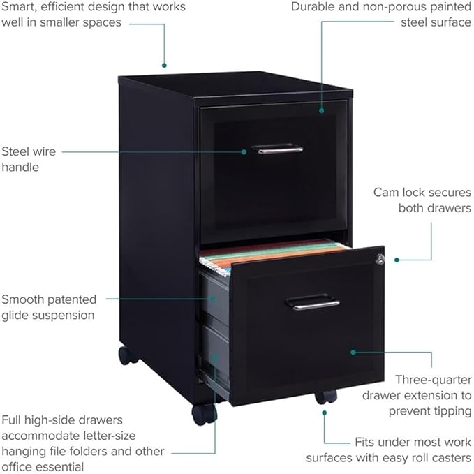 Pemberly Row 2 Drawers 26.7 Vertical Black Metal Filing Cabinet Lockable Pre-Assembled Movable Letter Size for Home Office