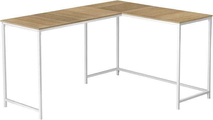 Pemberly Row Corner Computer Desk 58 L L-Shaped Design Natural Wood-Look Laminate Metal Base in White Finish Space-Saving Home Office Desk Compact and Spacious for Productivity
