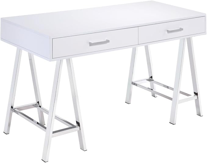 Coleen White High Gloss Writing Desk | USB Charging Port | Spacious Drawers | Compact Home Office