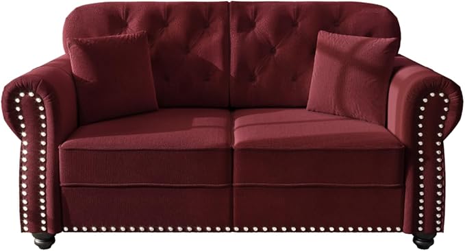 Burgundy Velvet Sofa with Button-Tufted Back &amp Nailhead Trim Mid-Century Chesterfield Style 63 Upholstered Loveseat Couch Rolled Arm Design with 2 Decorative Pillows