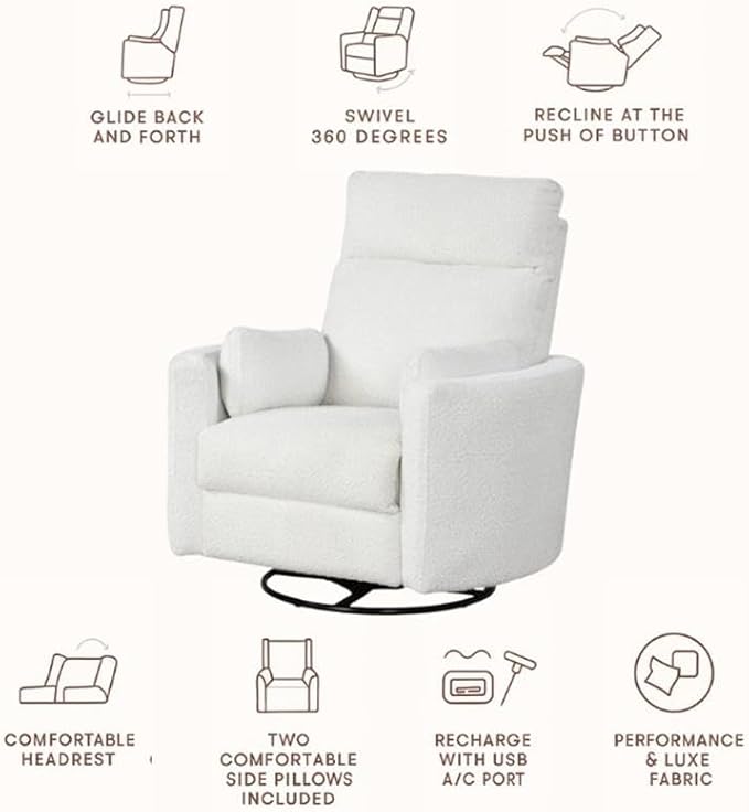 Pemberly Row Modern Chenille Fabric Swivel Recliner Upholstered Seating Chair with Swivel Reclining Operation for Interior Seating Placement Chenille Fabric in Oyster White Finish