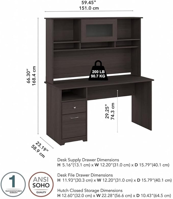 Pemberly Row 60W Computer Desk with Hutch Heather Gray Engineered Wood Built-in Wire Management and Storage File Drawer Fluted Glass Door Home Office Desk 59.45W x 23.19D x 66.3H Inches