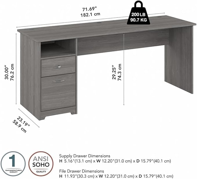 Bush Home Cabot 72W Computer Desk with Drawers in Modern Gray Large Work Table and Built-in Storage for Home Office 6 Foot Long Desktop