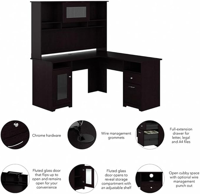 BOWERY HILL L Shaped Desk with Hutch Engineered Wood Espresso Oak Finish 60W Desktop with Wire Management Fluted Glass Door Storage Cabinet File Drawer Home Office Furniture