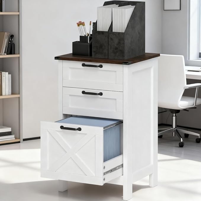 File Cabinet with Lock 4 Drawer Small Storage Cabinet Organizer Under Desk Locking Drawers Filing Cabinets for Home OfficeBrownDistressedWhite