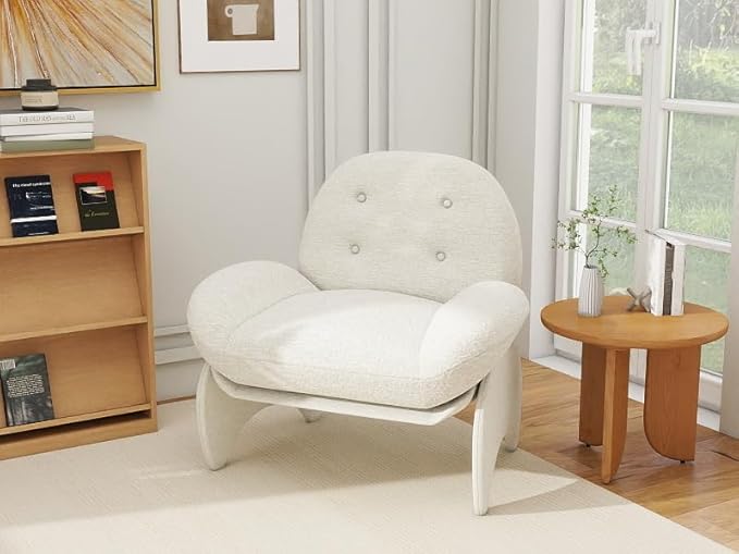 thksbought Modern Accent Chair White Lambswool Mid Century Lounge Armchair with Button Tufted Back Comfy Luxury Crab Chair with Upholstered Seat for Bedroom Apartment Studio Office (White 1PC)