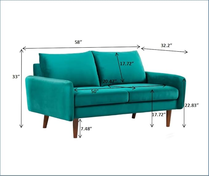Kent Velvet Loveseat Sofa for Modern Living Rooms and Compact Spaces Comfy 2 Seater Couch Studio Apartment Furniture with Sleek Design Greenish Blue