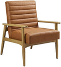 Modway Jensen Vegan Leather Accent Chair in French Oak Tan - Mid-Century Modern Armchair with Solid Wood Legs &amp Armrest - Upholstered Faux Leather Single Side Chair - Reading Chair for Living Room