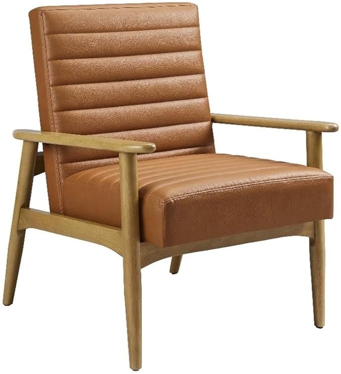 Modway Jensen Vegan Leather Accent Chair in French Oak Tan - Mid-Century Modern Armchair with Solid Wood Legs &amp Armrest - Upholstered Faux Leather Single Side Chair - Reading Chair for Living Room