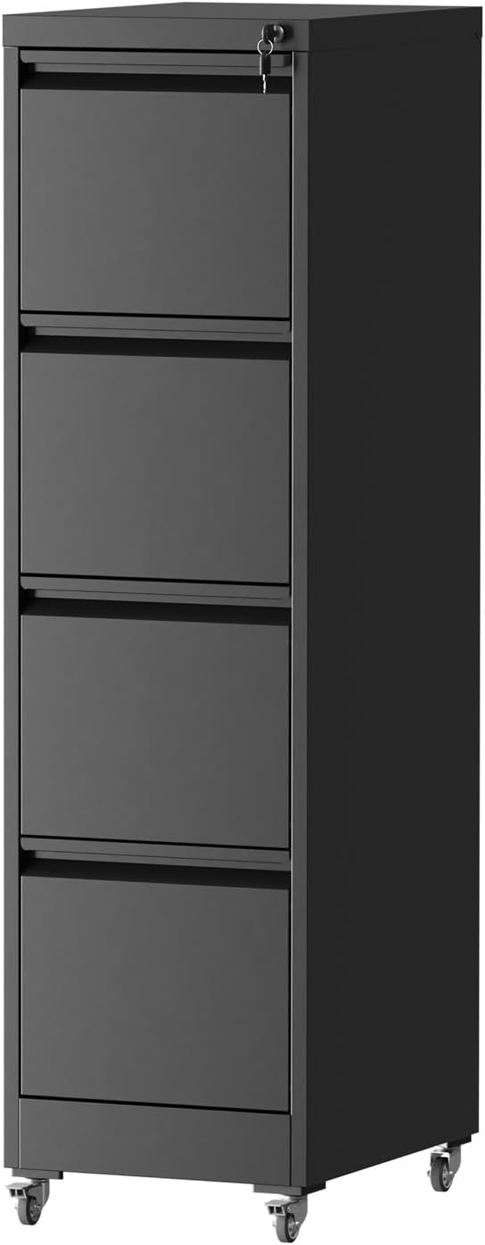 4 Drawer File Cabinet with WheelsMetal Mobile Filing Cabinets with LockBlack Vertical Heavy Duty Storage Cabinet for A4/Letter/Legal Size FileAssembly Required (Black 4 Drawer)