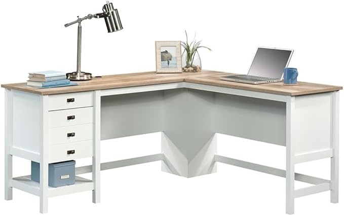 Pemberly Row L-Shaped Engineered Wood Home Office Desk Soft White and Lintel Oak Finish 65 in Wide Spacious Work Surface with Storage Drawers and Shelf Cord Management Versatile Placement