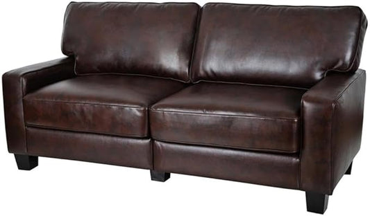Pemberly Row Contemporary Faux Leather Sofa 73-in Wide in Chestnut Brown Pillow Back Design with Straight Arms Sturdy Hardwood Frame Ideal for Small Apartments Offices or Living Rooms