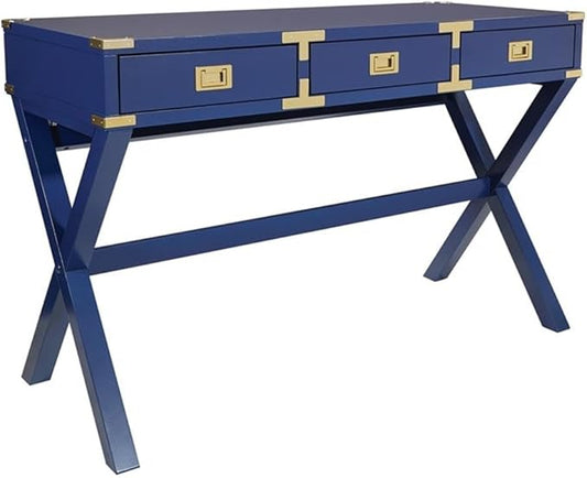 Pemberly Row 46 Home Office Desk Engineered Wood Lapis Blue Finish Includes Power Station 3 Storage Drawers Vintage Field Style Writing Desk for Workspace or Home Office Use