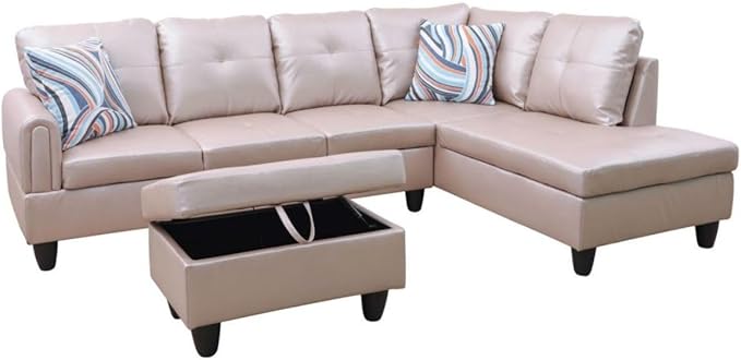 Latte L-Shaped 3-Piece Faux Leather Sofa with Storage Ottoman Set Sectional Couch Sofa Set for Living Room Office Small Space