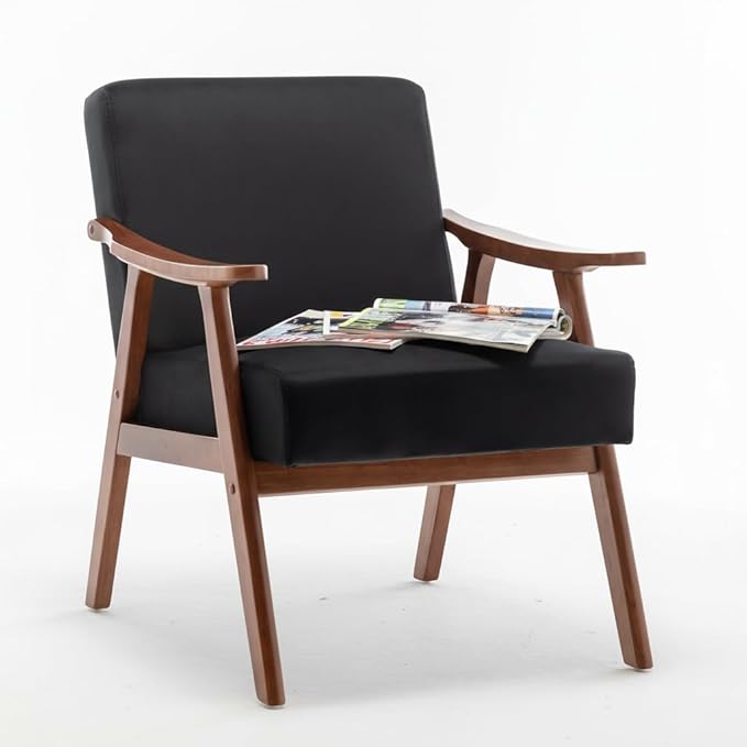 Mid-Century Modern Accent Chair with Wooden Frame High-Density Sponge Cushion 300 lbs Capacity Living Room Bedroom Office Chair 26x31.1x32.3 Inches (Leather Black)