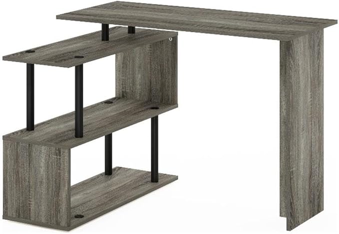 Pemberly Row L-Shape Computer Desk French Oak/Black Finish 3-Tier Shelves Reversible Corner Design Durable Composite Wood Compact for Small Rooms Modern Style Home Office Desk