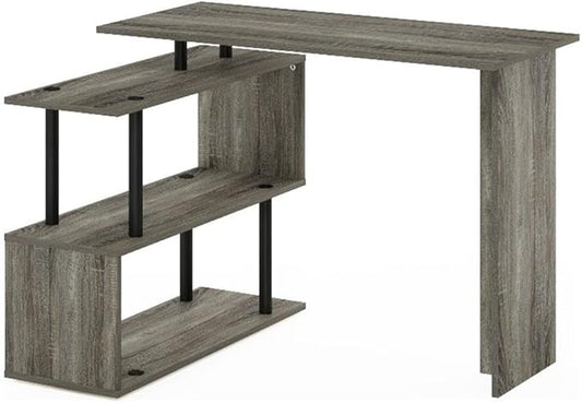 Pemberly Row L-Shape Computer Desk French Oak/Black Finish 3-Tier Shelves Reversible Corner Design Durable Composite Wood Compact for Small Rooms Modern Style Home Office Desk