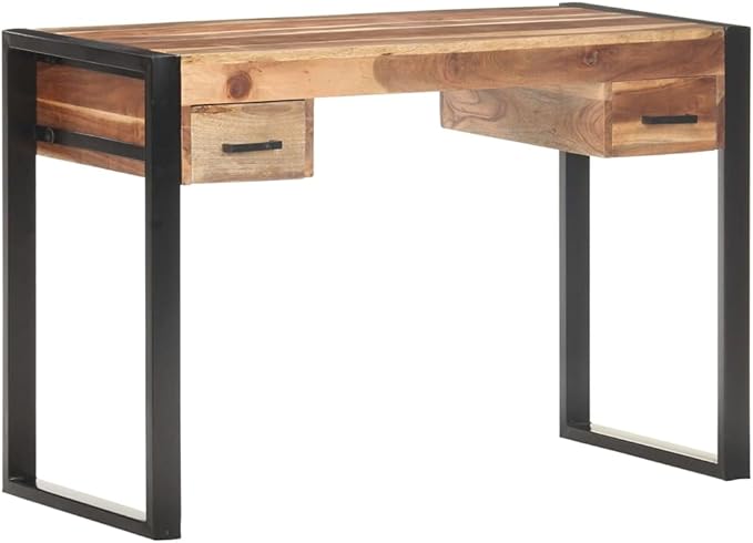 Farmhouse 43.3 Home Office Writing Desk with Drawers Wooden Home Office Desk Workstation with Steel Legs PC Laptop Desk Console Table for Living Room Study Room Brown