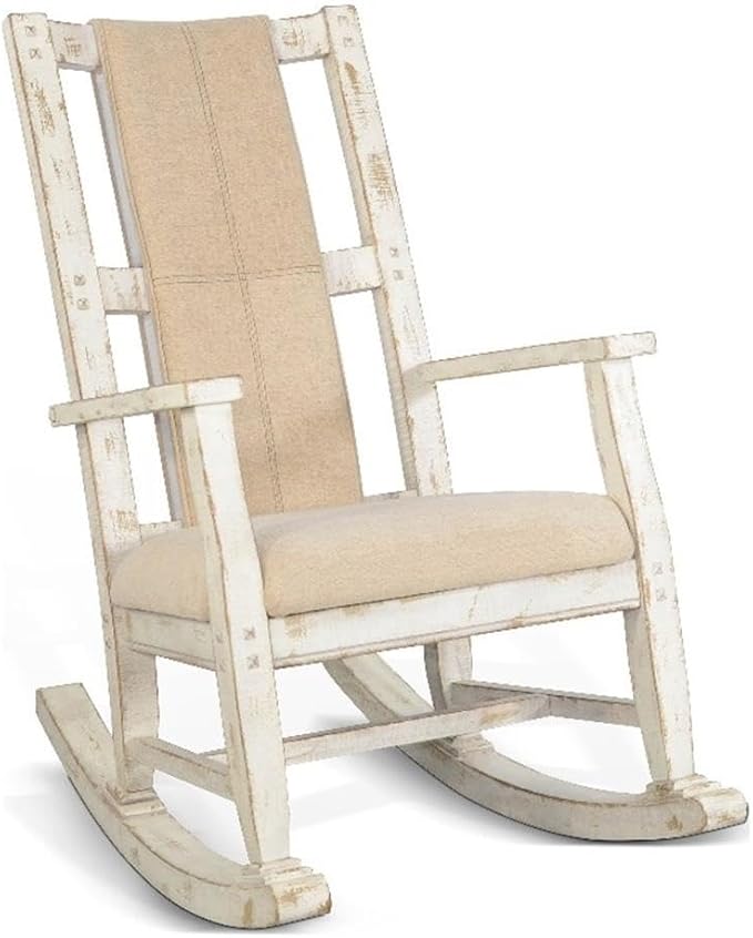 Pemberly Row Mahogany Rocking Chair with Cushioned Seat and Back Studded Accents Smooth Rocking Motion White